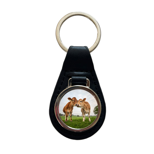 Cows Nuzzle Love Black Leather Metal Keychain