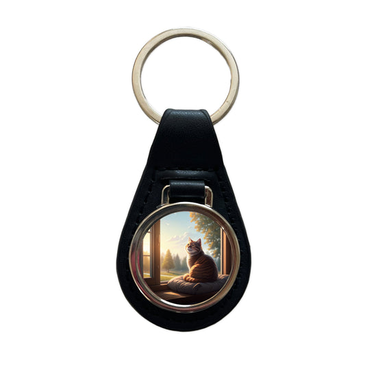 Cozy Cat In Window Black Leather Metal Keychain