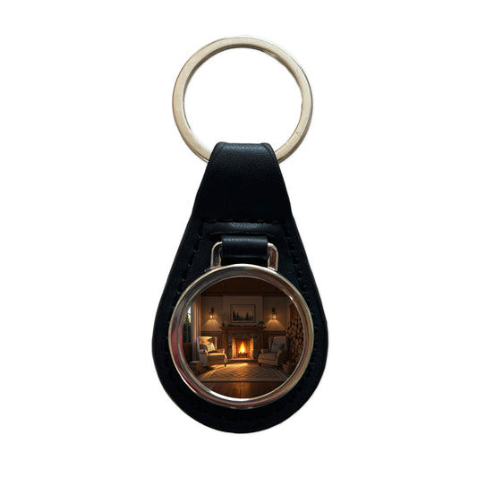 Cozy Fireplace Scene Black Leather Metal Keychain