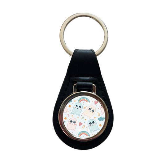Cute Ghosts Hearts Rainbows Black Leather Metal Keychain