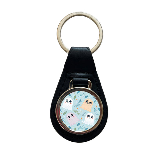 Cute Ghosts Illustration Black Leather Metal Keychain