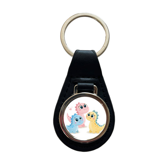 Cute Pastel Colored Cartoon Dinosaurs Big Eyes Black Leather Metal Keychain