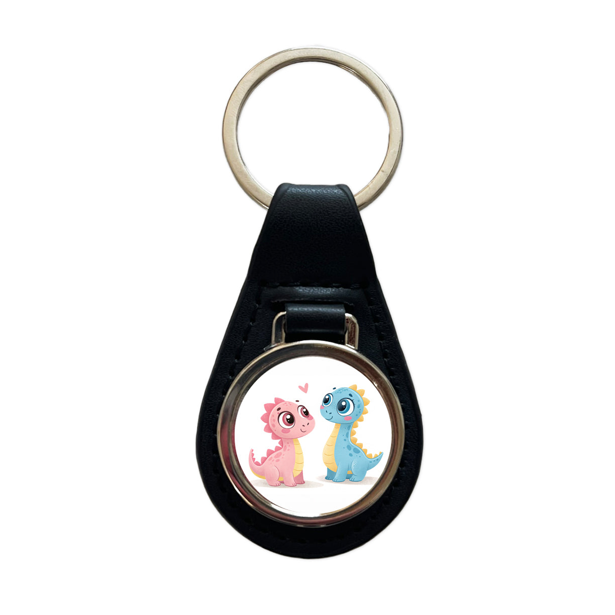 Cute Pastel Colored Cartoon Dinosaurs Black Leather Metal Keychain