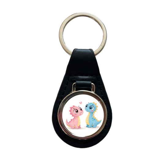 Cute Pastel Colored Cartoon Dinosaurs Black Leather Metal Keychain