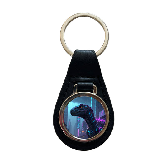 Cyberpunk Dinosaur In City Black Leather Metal Keychain