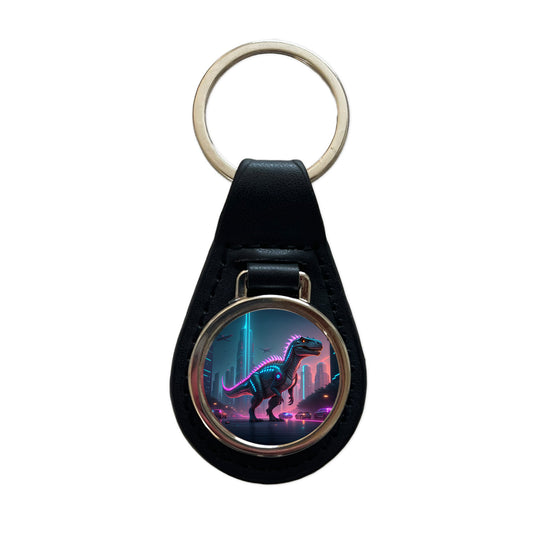 Cyberpunk Dinosaur Black Leather Metal Keychain