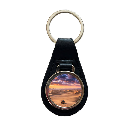 Desert Safari Sand Dunes Black Leather Metal Keychain