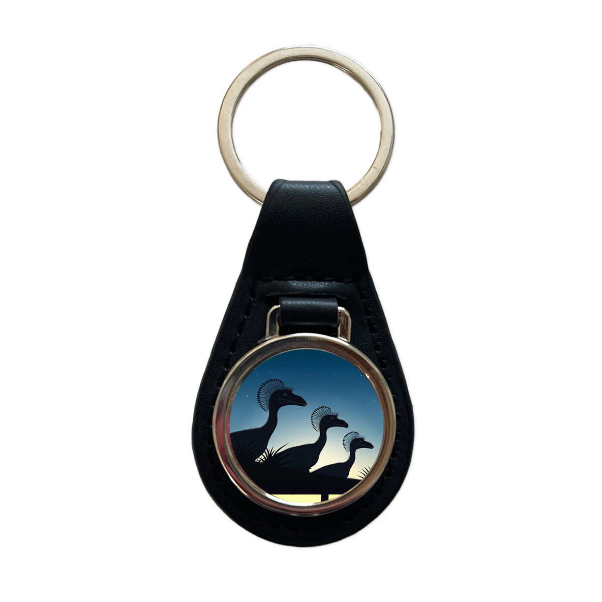 Dilophosaurus Silhouettes Night Dinosaurs Black Leather Metal Keychain