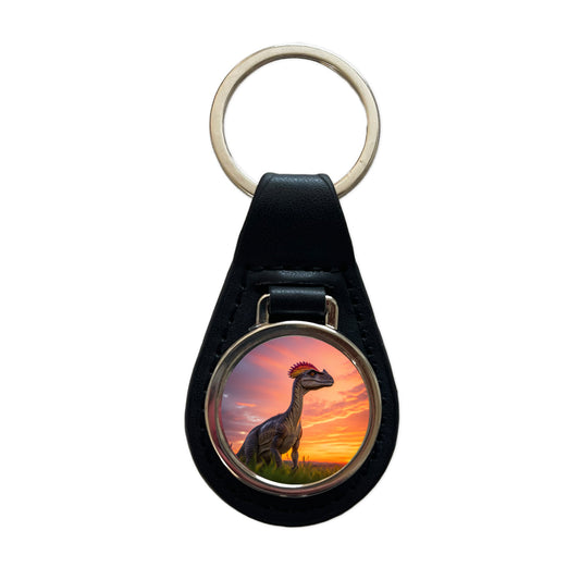 Dilophosaurus Sunset Dinosaur Black Leather Metal Keychain