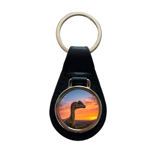 Dilophosaurus Sunset Sunrise Dinosaur Black Leather Metal Keychain
