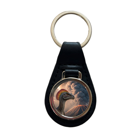 Dilophosaurus Volcano Dinosaur Black Leather Metal Keychain