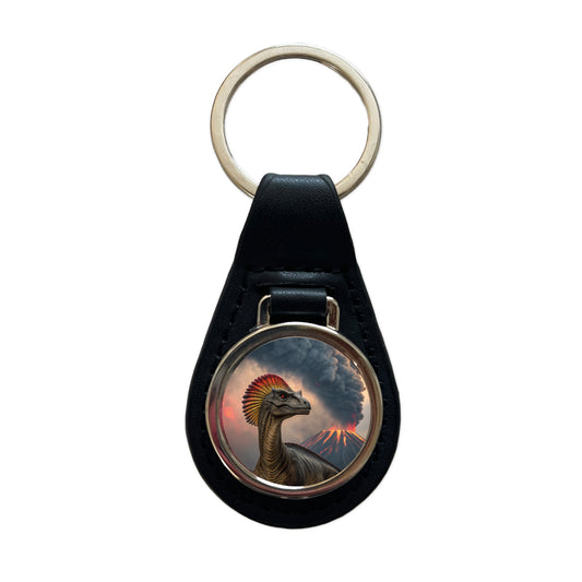 Dilophosaurus Volcano Erupting Dinosaur Black Leather Metal Keychain