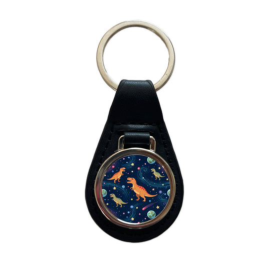 Dinosaurs Floating In Space Galaxy Planets Black Leather Metal Keychain