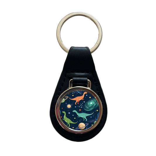Dinosaurs Floating In Space Galaxy Black Leather Metal Keychain