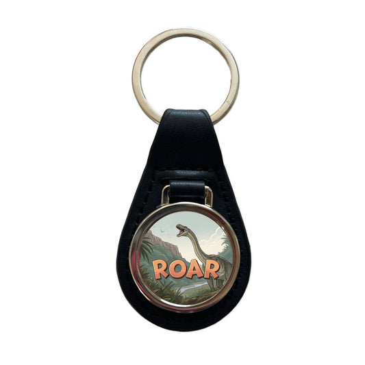 Diplodocus Roar Bold Text Dinosaur Black Leather Metal Keychain