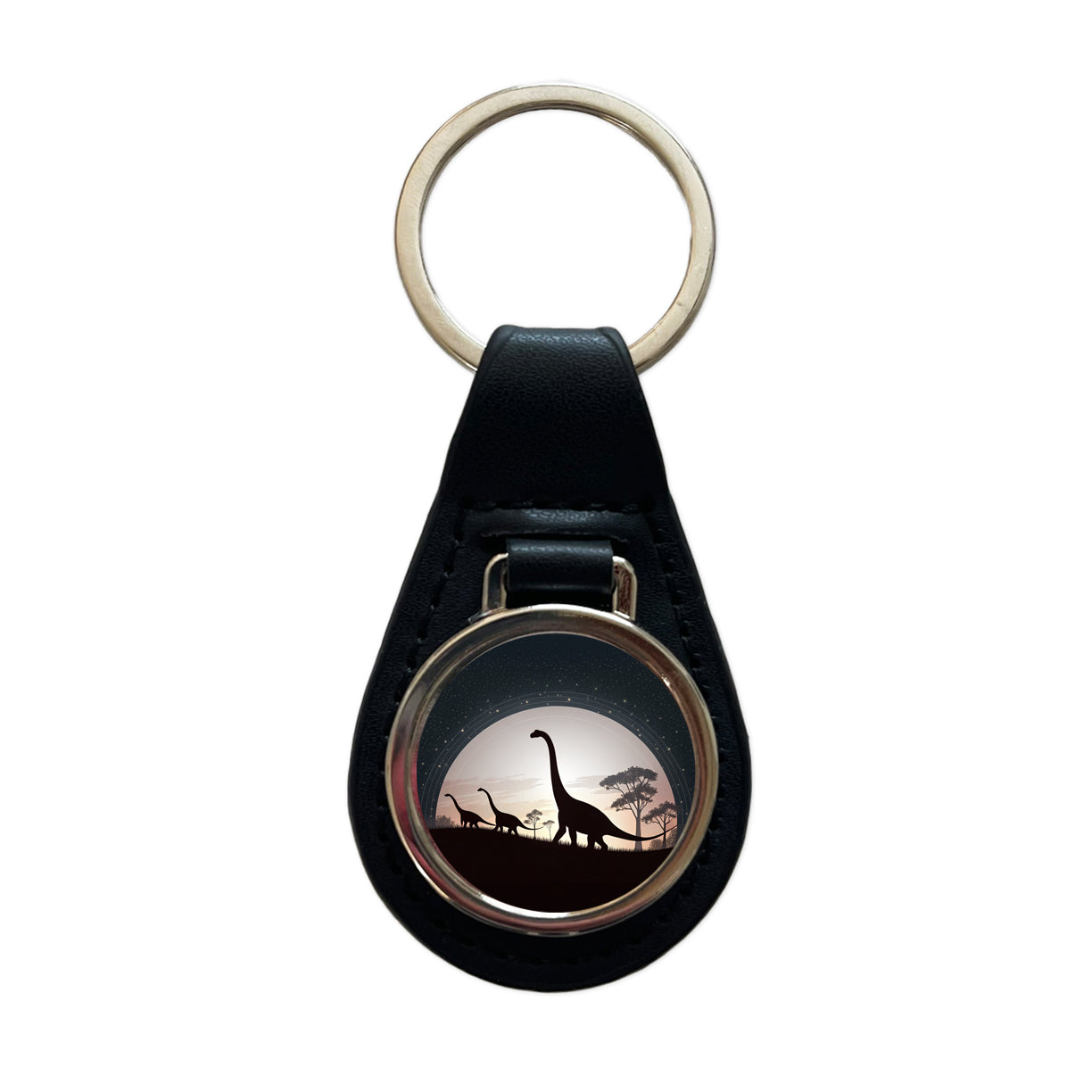 Diplodocus Silhouettes Dinosaurs Black Leather Metal Keychain