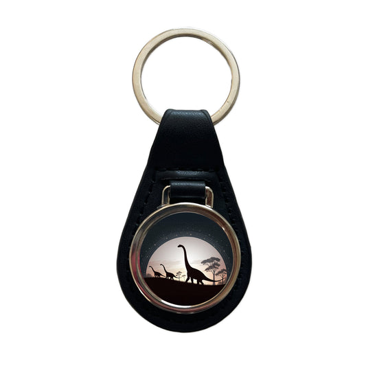 Diplodocus Silhouettes Dinosaurs Black Leather Metal Keychain