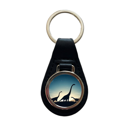 Diplodocus Silhouettes Night Dinosaurs Black Leather Metal Keychain