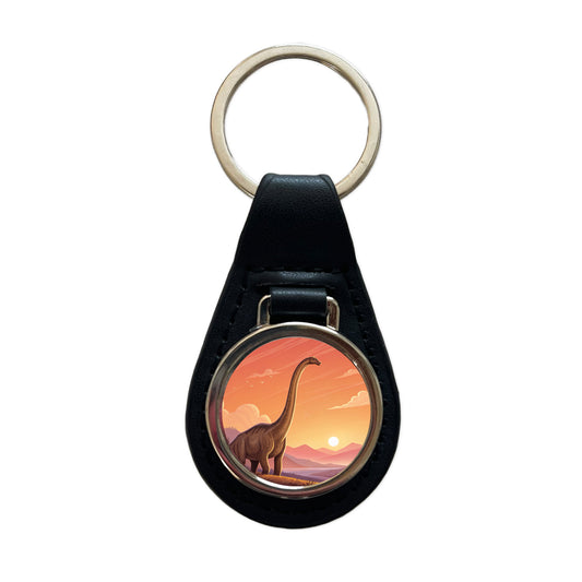 Diplodocus Sunset Dinosaur Black Leather Metal Keychain
