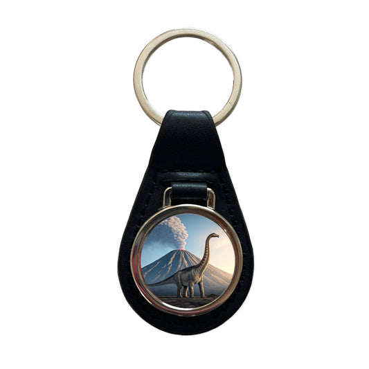 Diplodocus Volcano Dinosaur Black Leather Metal Keychain