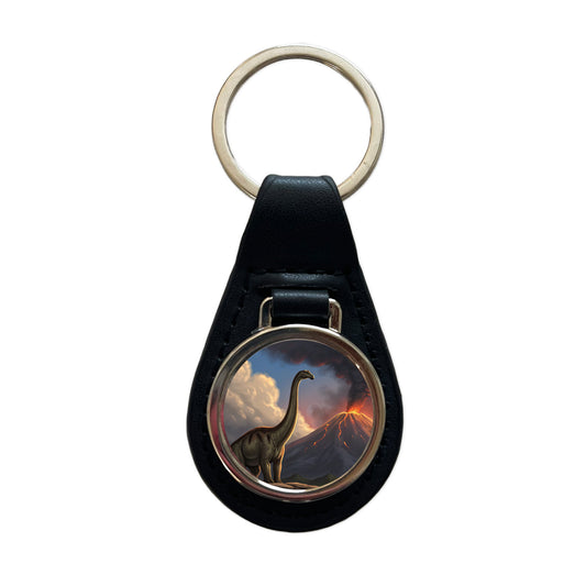 Diplodocus Volcano Erupting Dinosaur Black Leather Metal Keychain