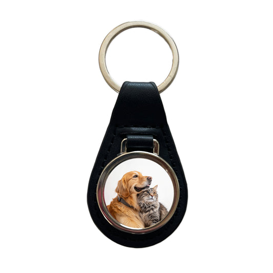 Dog Cat Hugging Love Black Leather Metal Keychain