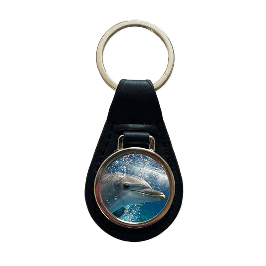 Dolphin Eyes Close Up Ocean Black Leather Metal Keychain