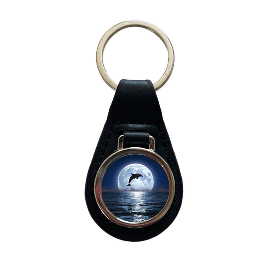 Dolphin Leaping Over Ocean Sea Full Moon Black Leather Metal Keychain