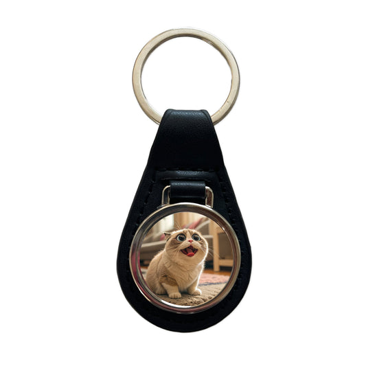 Dopey Cat Funny Black Leather Metal Keychain