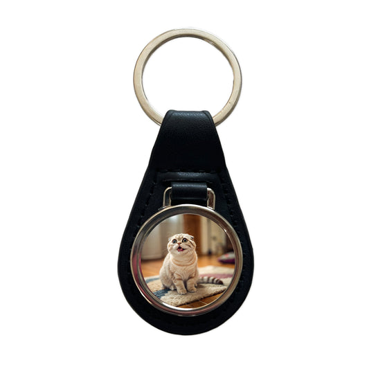 Dopey Cat Silly Black Leather Metal Keychain