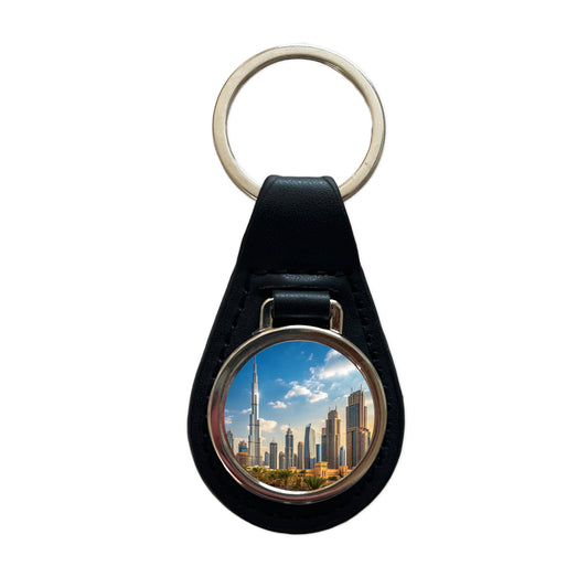 Dubai United Arab Emirates City Travel Black Leather Metal Keychain