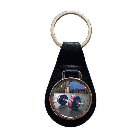 Dumbbells Workout Exercise Gym Black Leather Metal Keychain