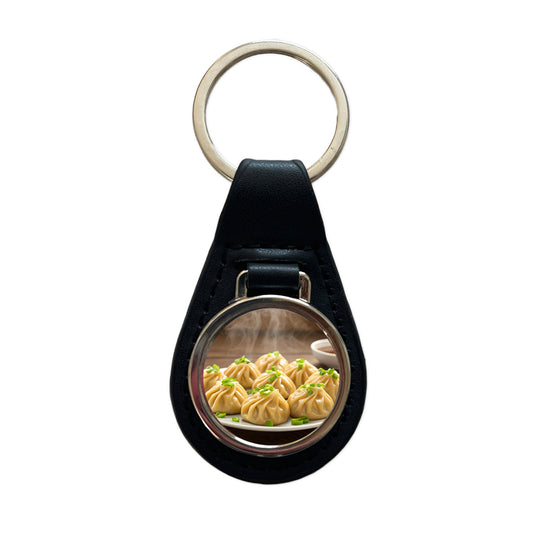 Dumplings Steaming Black Leather Metal Keychain