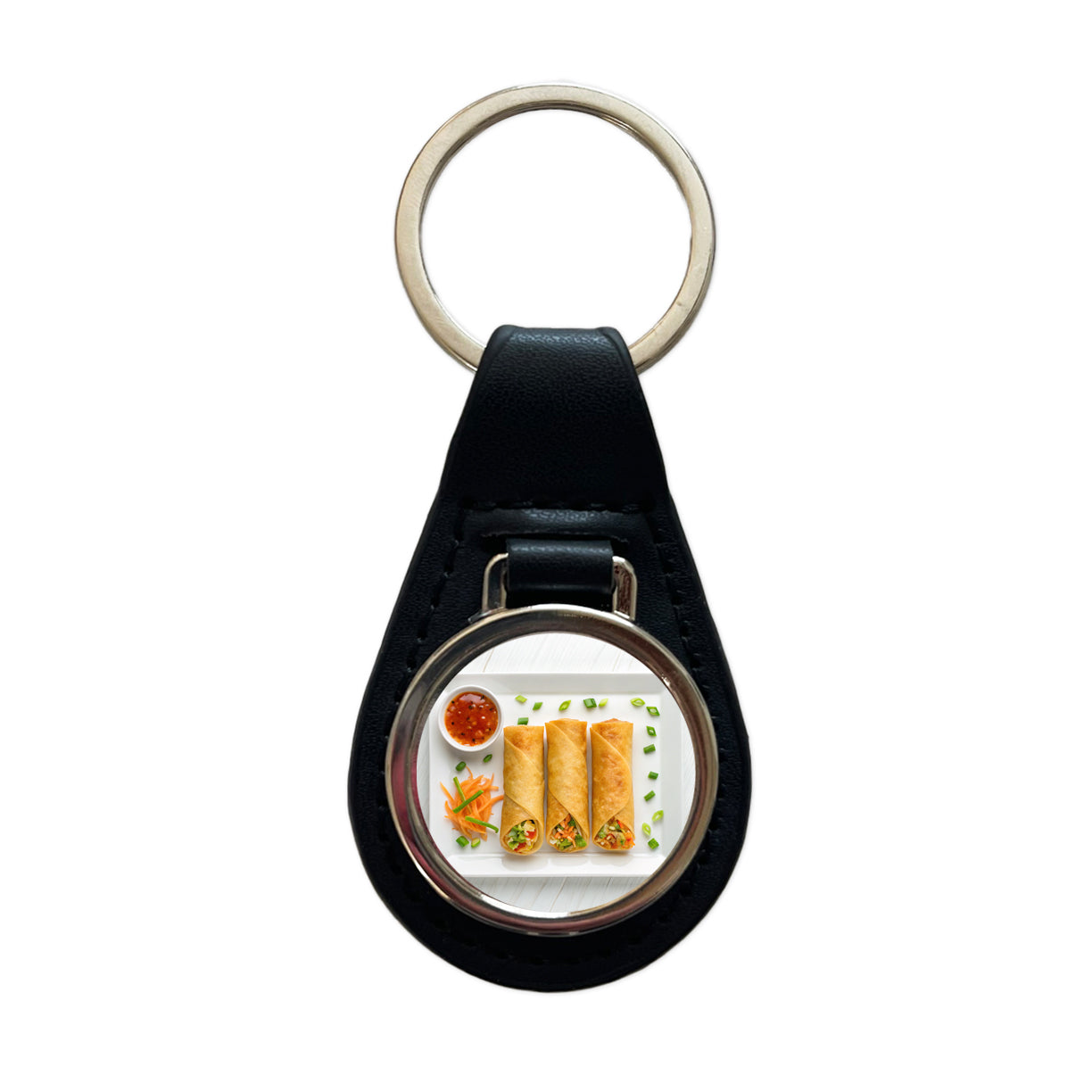 Egg Spring Rolls On Plate Black Leather Metal Keychain