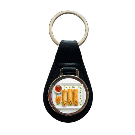 Egg Spring Rolls On Plate Black Leather Metal Keychain