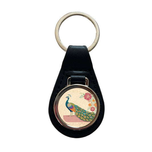 Elegant Peacock Flowers Black Leather Metal Keychain