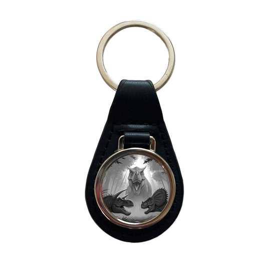 Epic Showdown T-Rex Triceratops Velociraptor Dinosaurs Black Leather Metal Keychain
