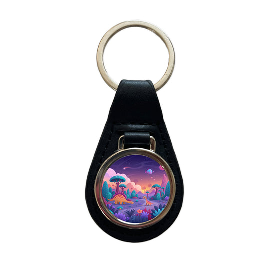 Fantasy Alien Planet Dinosaurs Colorful Black Leather Metal Keychain