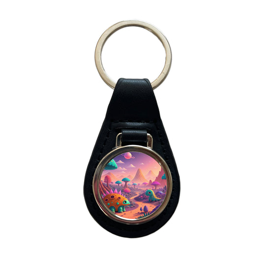 Fantasy Alien Planet Dinosaurs Black Leather Metal Keychain