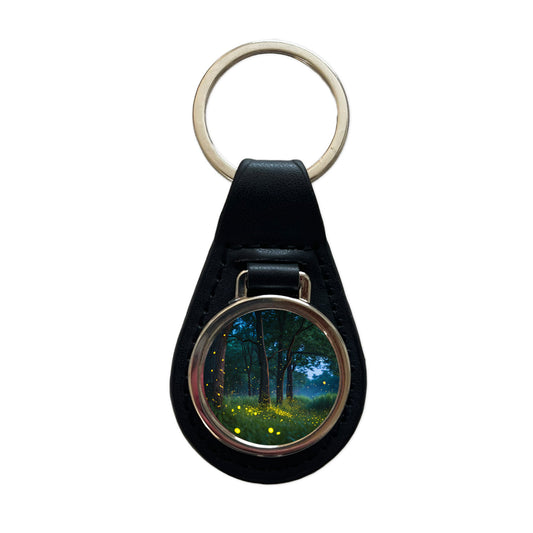 Fireflies At Night Black Leather Metal Keychain