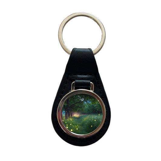 Fireflies In Nature Black Leather Metal Keychain