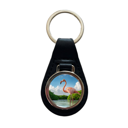 Flamingo Bird Standing In Water Black Leather Metal Keychain