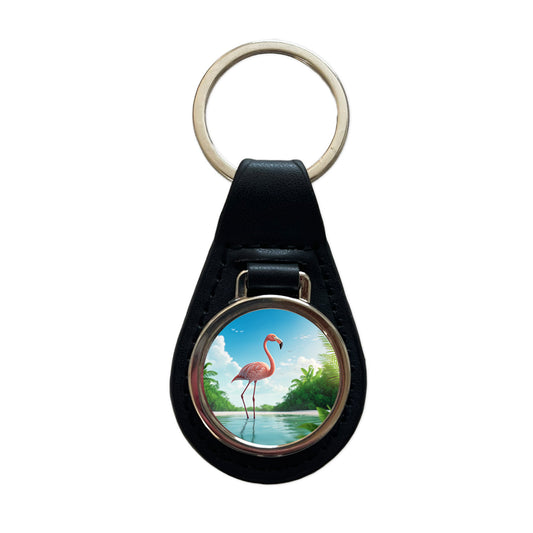 Flamingo Pink Bird In Water Black Leather Metal Keychain