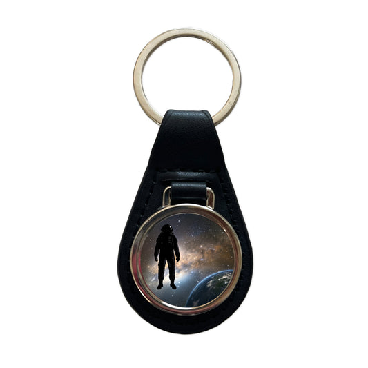 Floating Astronaut Silhouette Earth Space Black Leather Metal Keychain
