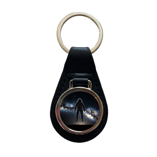 Floating Astronaut Silhouette In Space Black Leather Metal Keychain