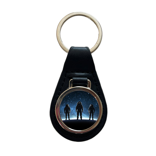 Floating Astronaut Silhouettes Outer Space Black Leather Metal Keychain