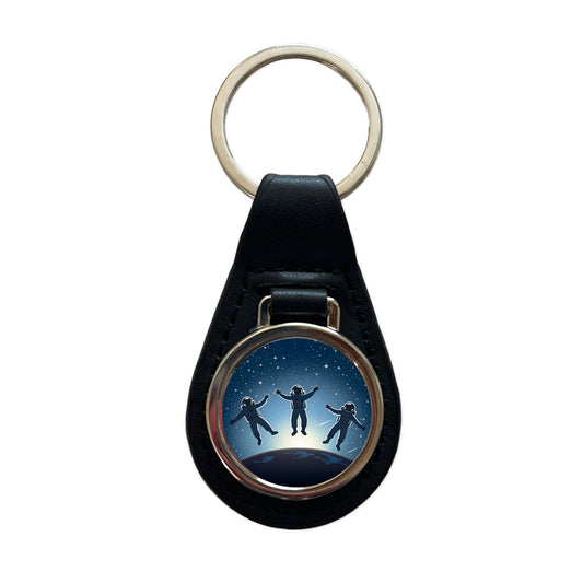 Floating Astronaut Silhouettes Space Black Leather Metal Keychain