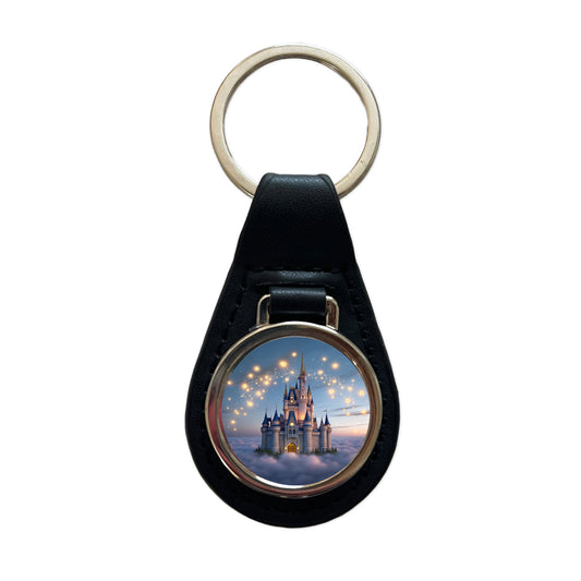 Floating Castle Above Clouds Black Leather Metal Keychain