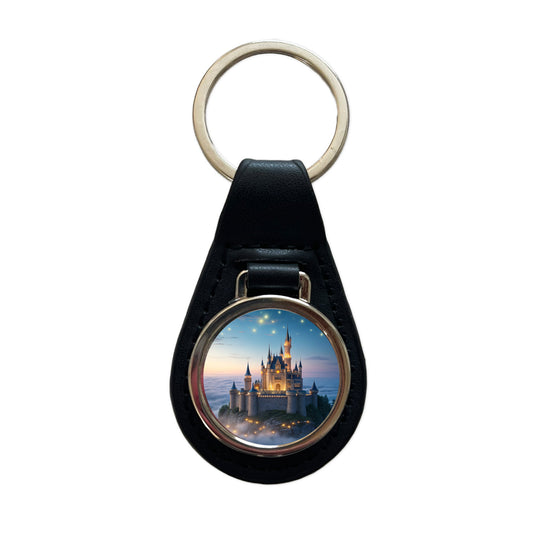 Floating Castle Magic Light Clouds Black Leather Metal Keychain