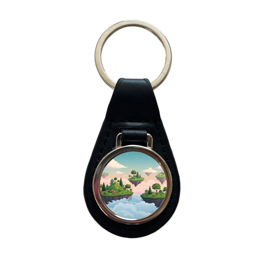 Floating Islands In The Sky Black Leather Metal Keychain